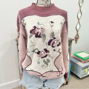 Vintage 1980s Rebecca Stone Floral Rose French Knot Granny Sweater